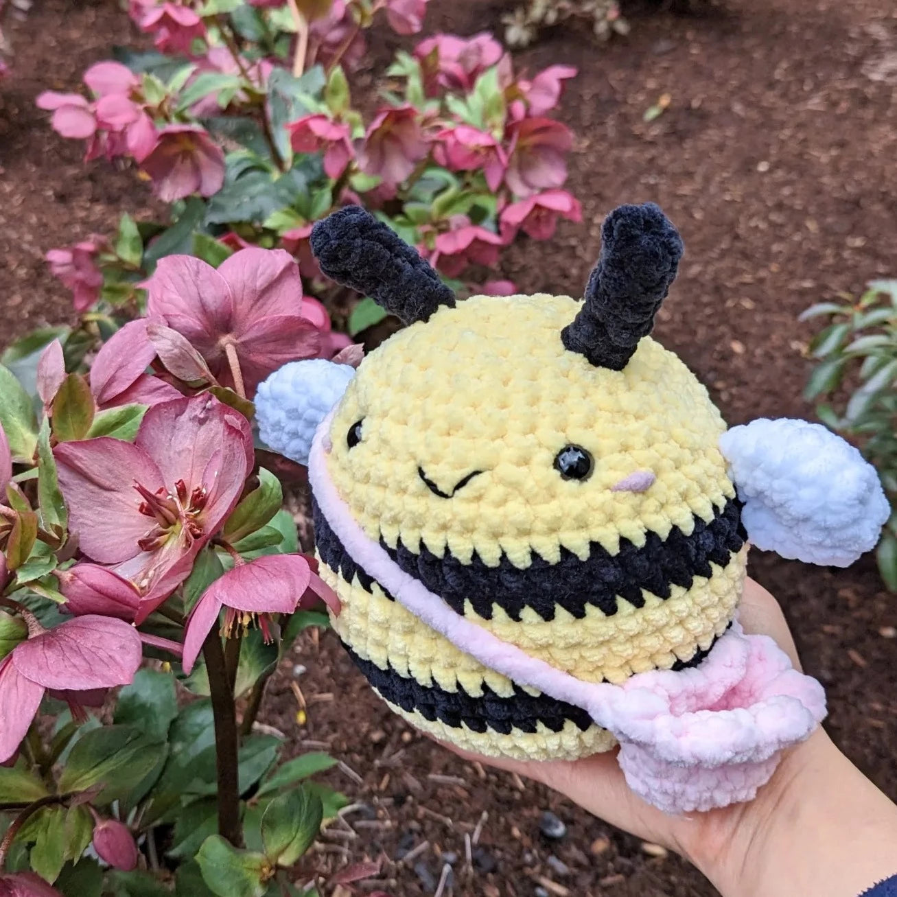 cute soft yellow crochet bee with flower purse, stuffed animal plushie toy handmade with yarn friend