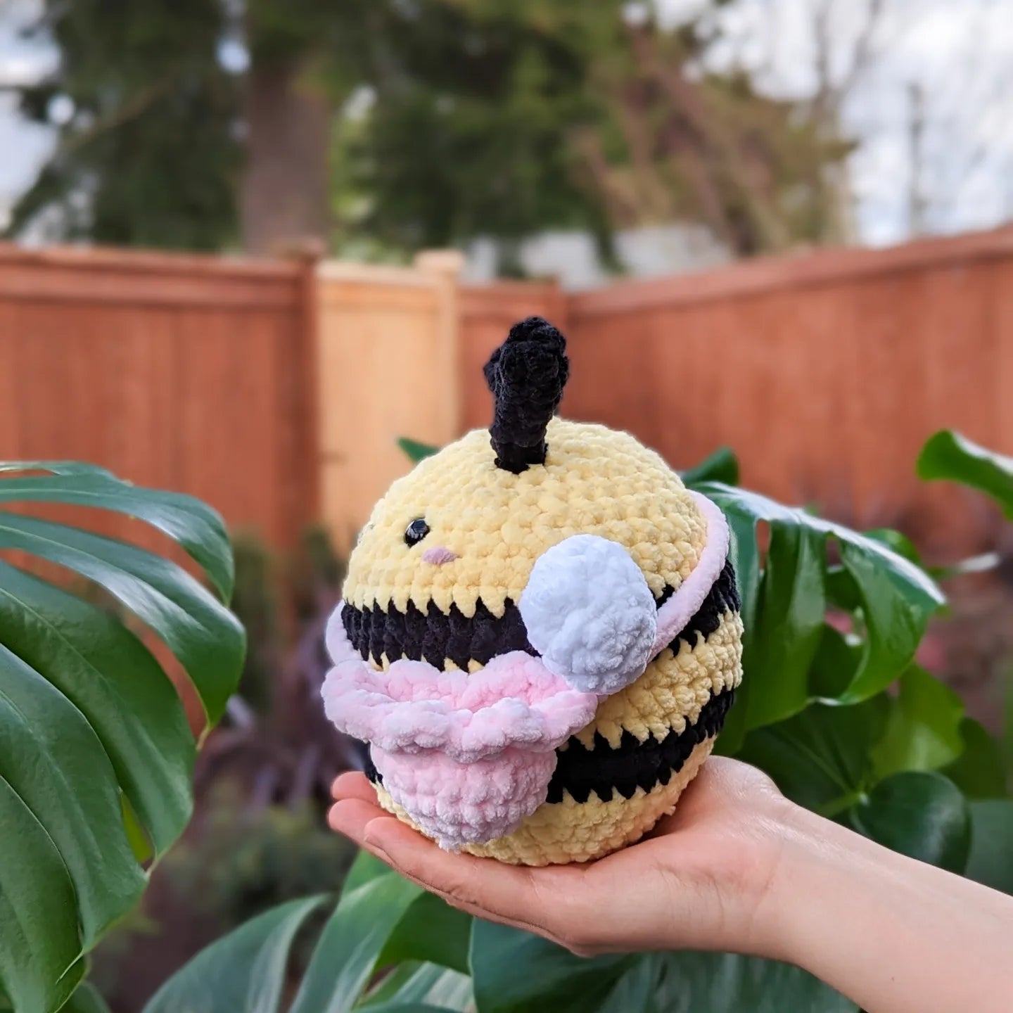 cute soft yellow crochet bee with flower purse, stuffed animal plushie toy handmade with yarn friend