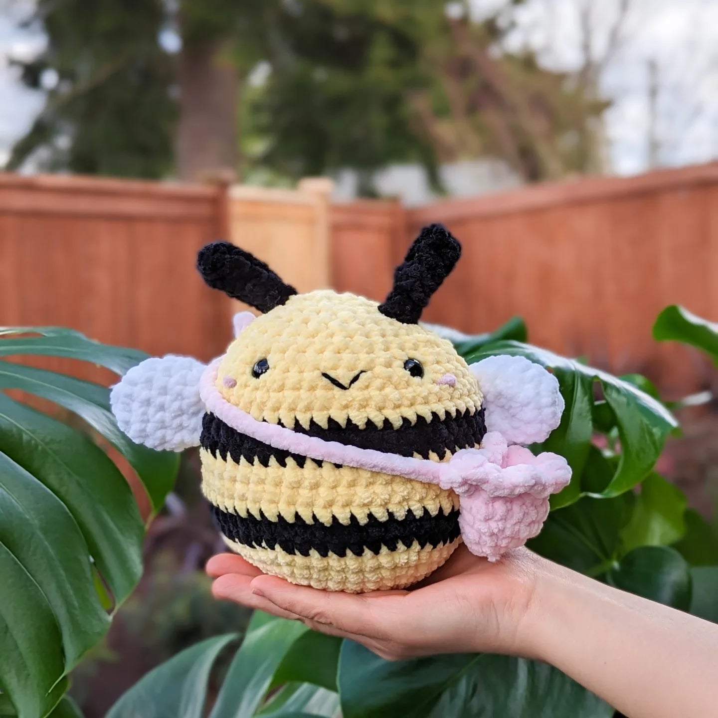 cute soft yellow crochet bee with flower purse, stuffed animal plushie toy handmade with yarn friend
