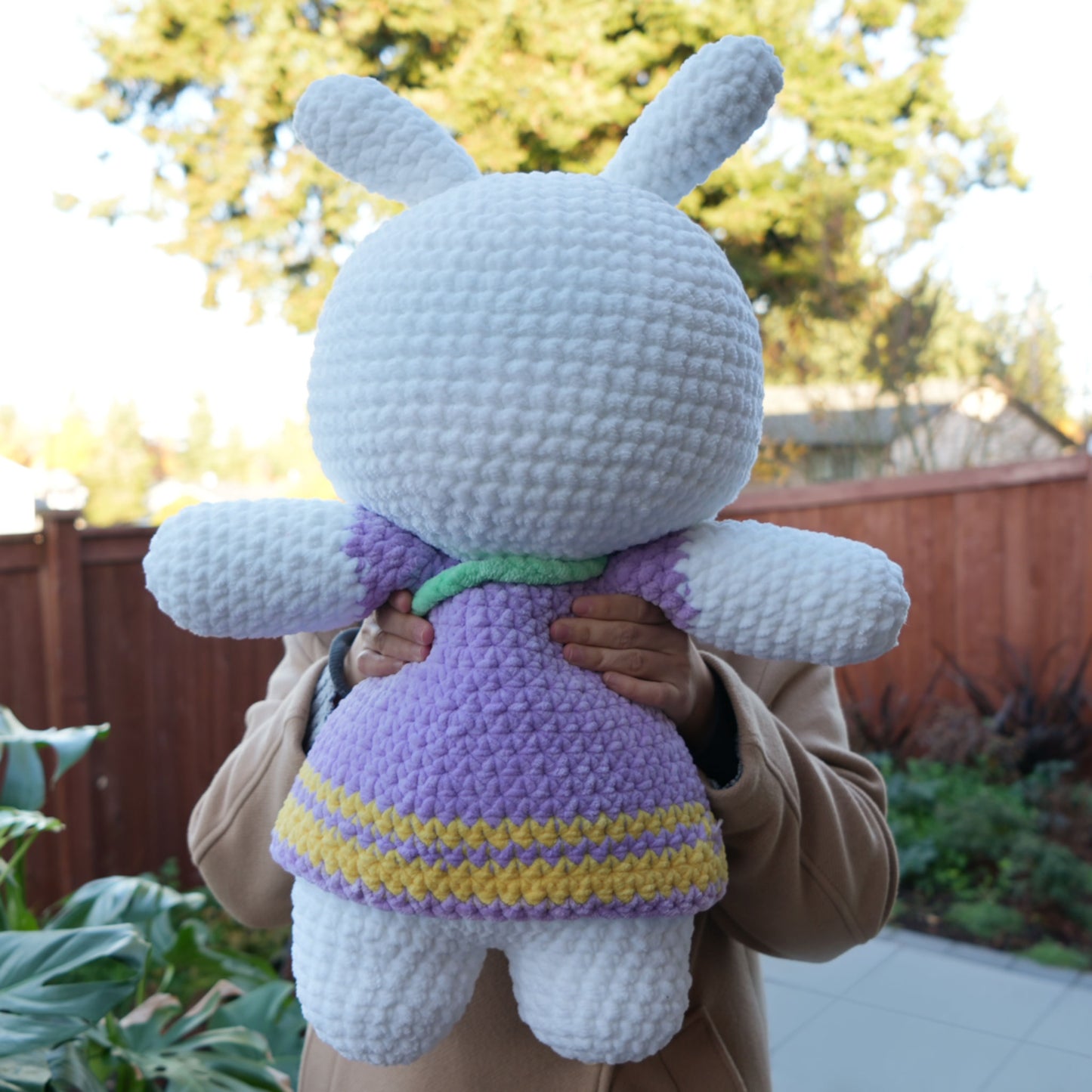 cute soft purple bunny girl with carrot purse, stuffed animal plushie toy handmade with yarn miffy