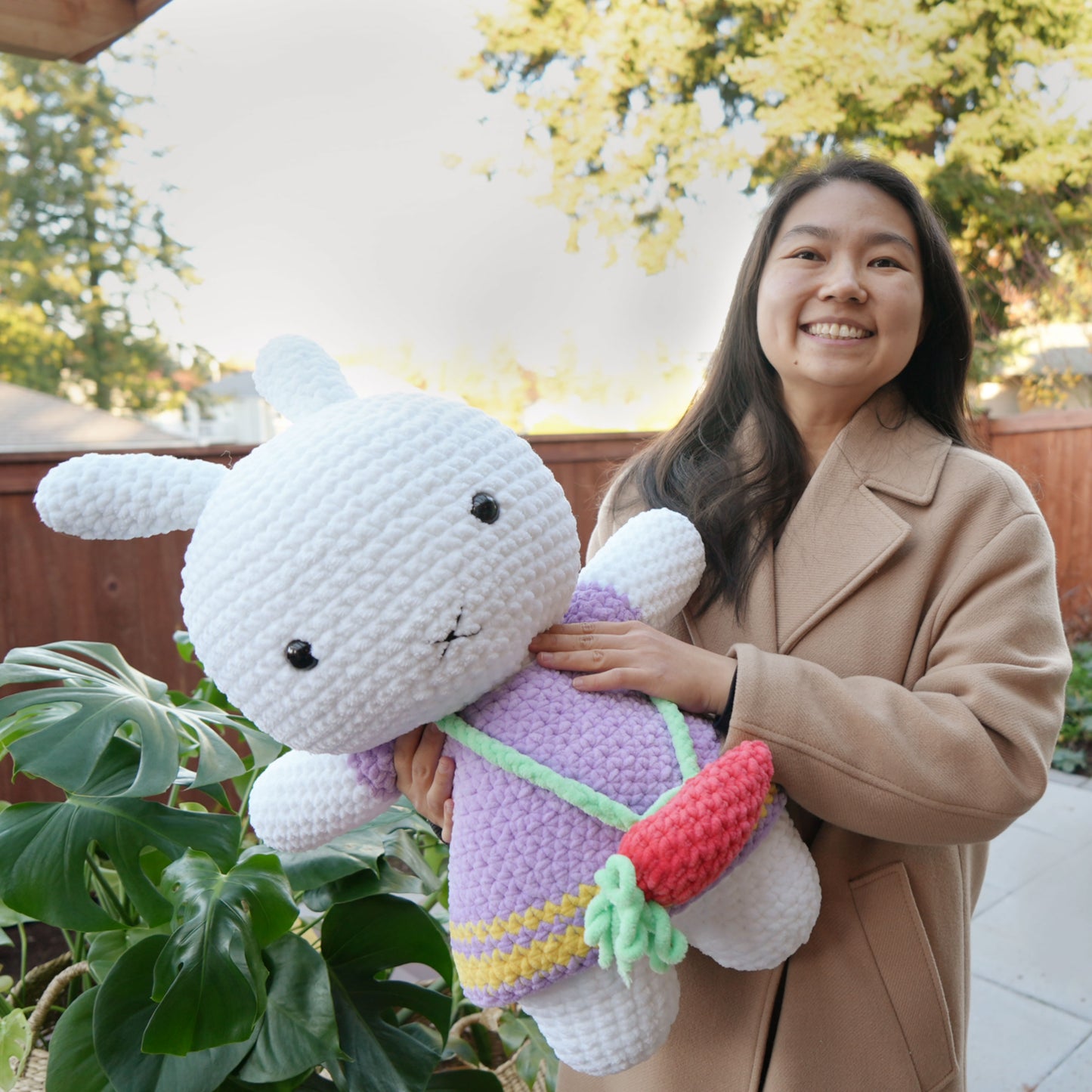 cute soft purple bunny girl with carrot purse, stuffed animal plushie toy handmade with yarn miffy