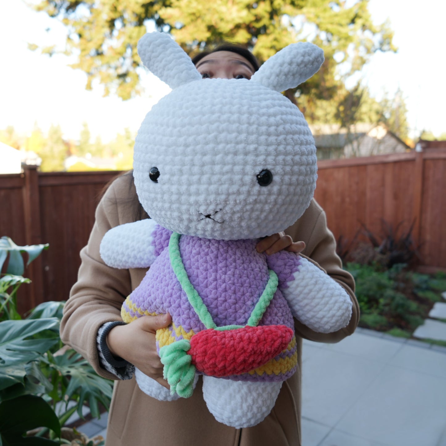 cute soft purple bunny girl with carrot purse, stuffed animal plushie toy handmade with yarn miffy