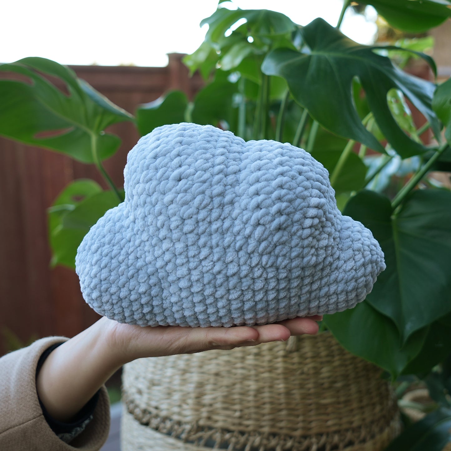 cute soft gray crochet cloud with happy face, stuffed animal plushie toy handmade with yarn