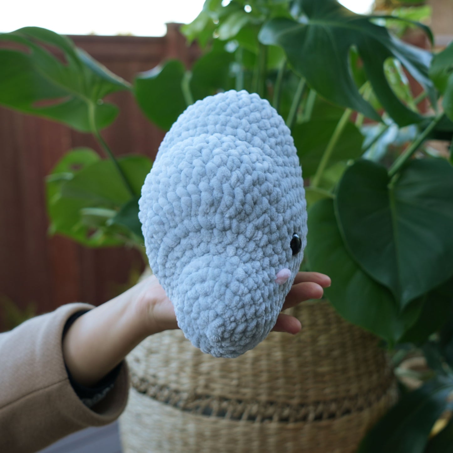 cute soft gray crochet cloud with happy face, stuffed animal plushie toy handmade with yarn