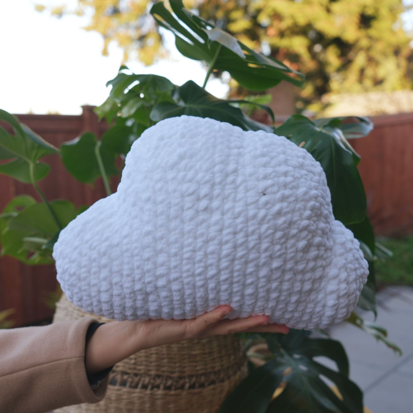 cute soft white crochet cloud with happy face, stuffed animal plushie toy handmade with yarn pillow