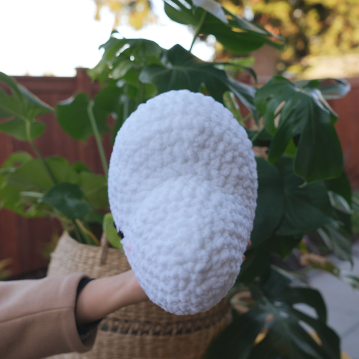 cute soft white crochet cloud with happy face, stuffed animal plushie toy handmade with yarn pillow