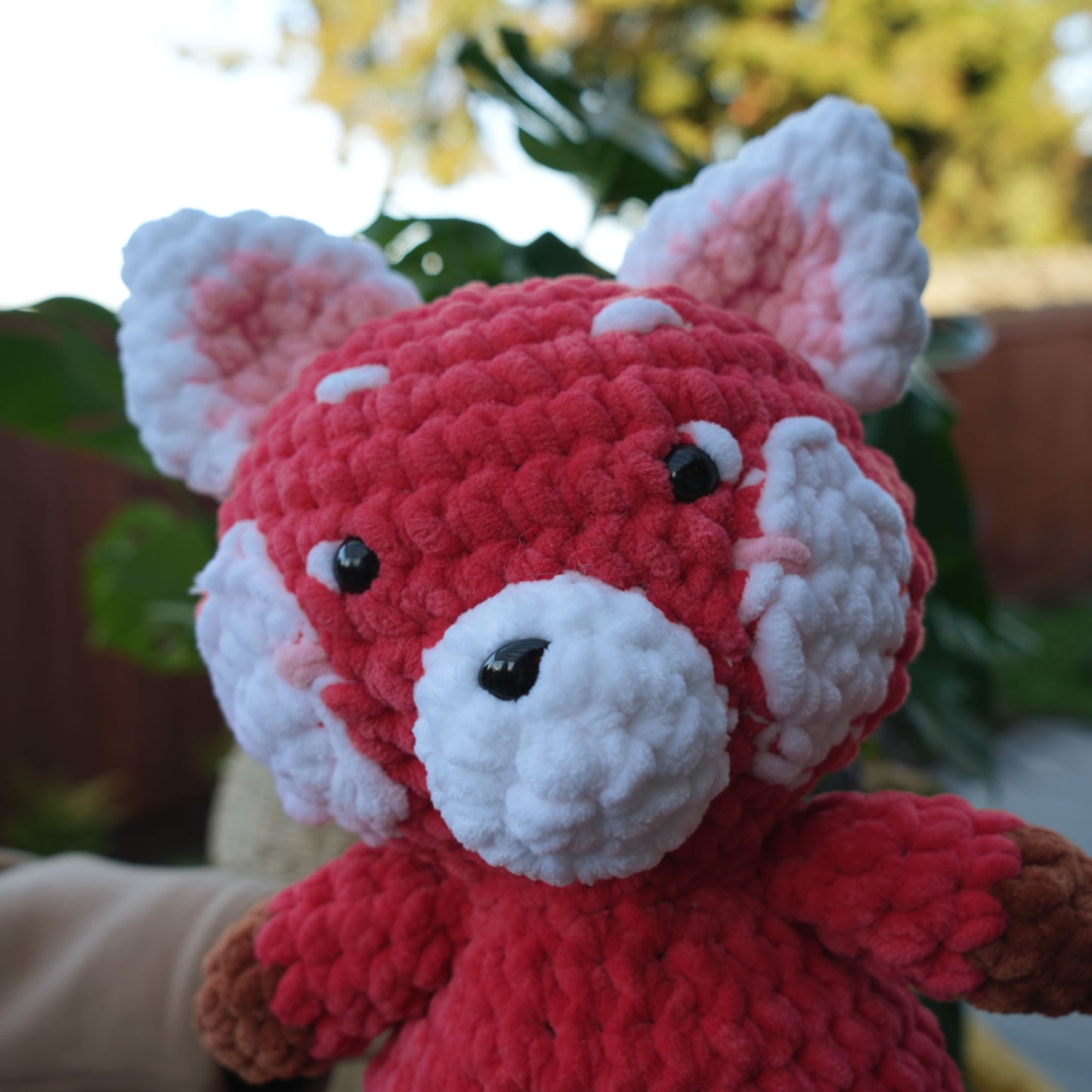 cute soft red panda, stuffed animal plushie toy handmade with yarn turning red