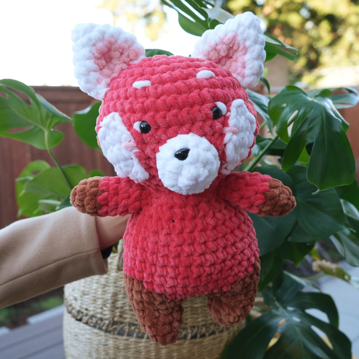 cute soft red panda, stuffed animal plushie toy handmade with yarn turning red