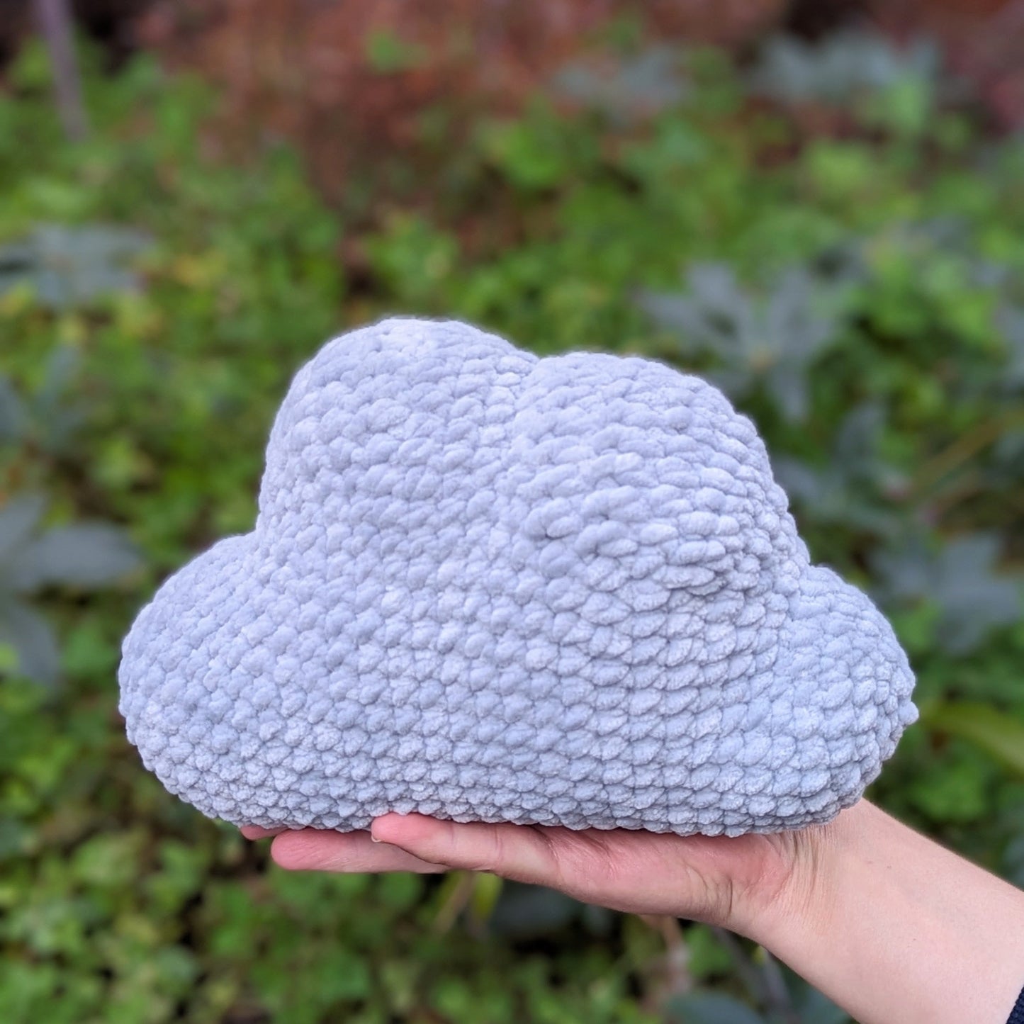 cute soft gray crochet cloud with grumpy face, stuffed animal toy plushie handmade with yarn