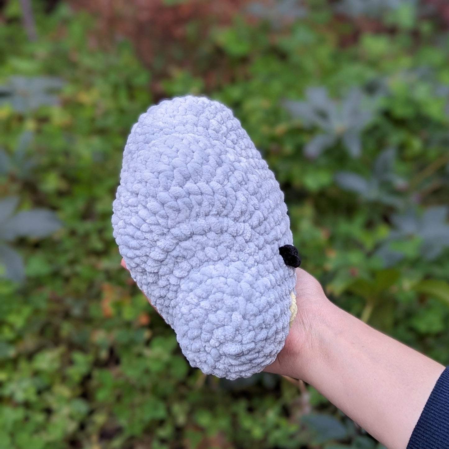 cute soft gray crochet cloud with grumpy face, stuffed animal toy plushie handmade with yarn