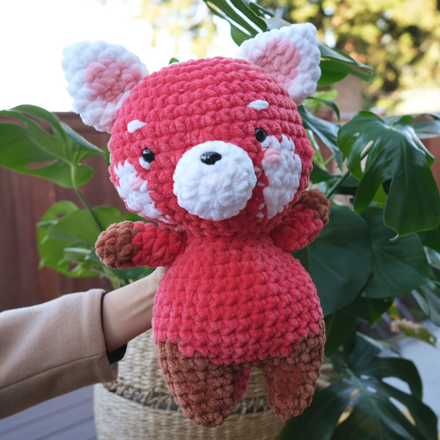cute soft crochet red panda, stuffed animal plushie toy friend handmade with yarn turning red