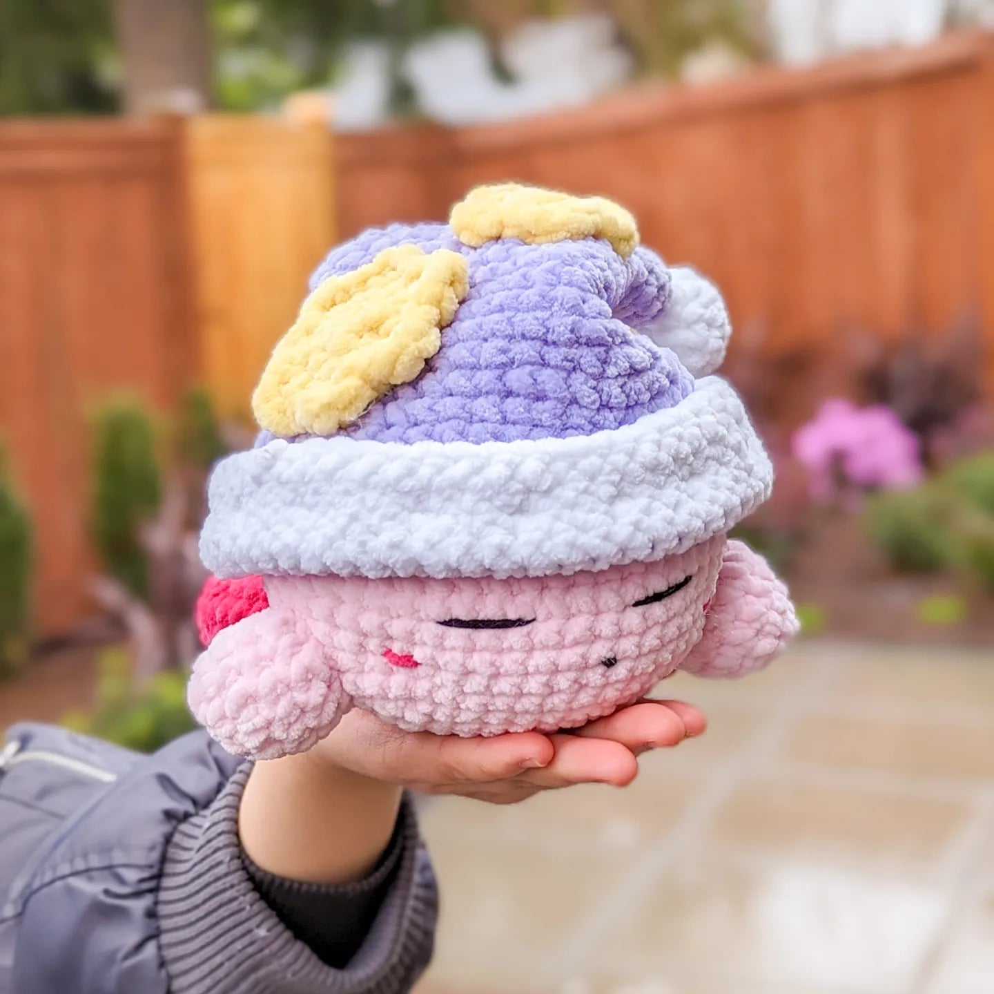 cute soft pink puff with purple sleep hat, stuffed animal plushie toy handmade with yarn friend kirby