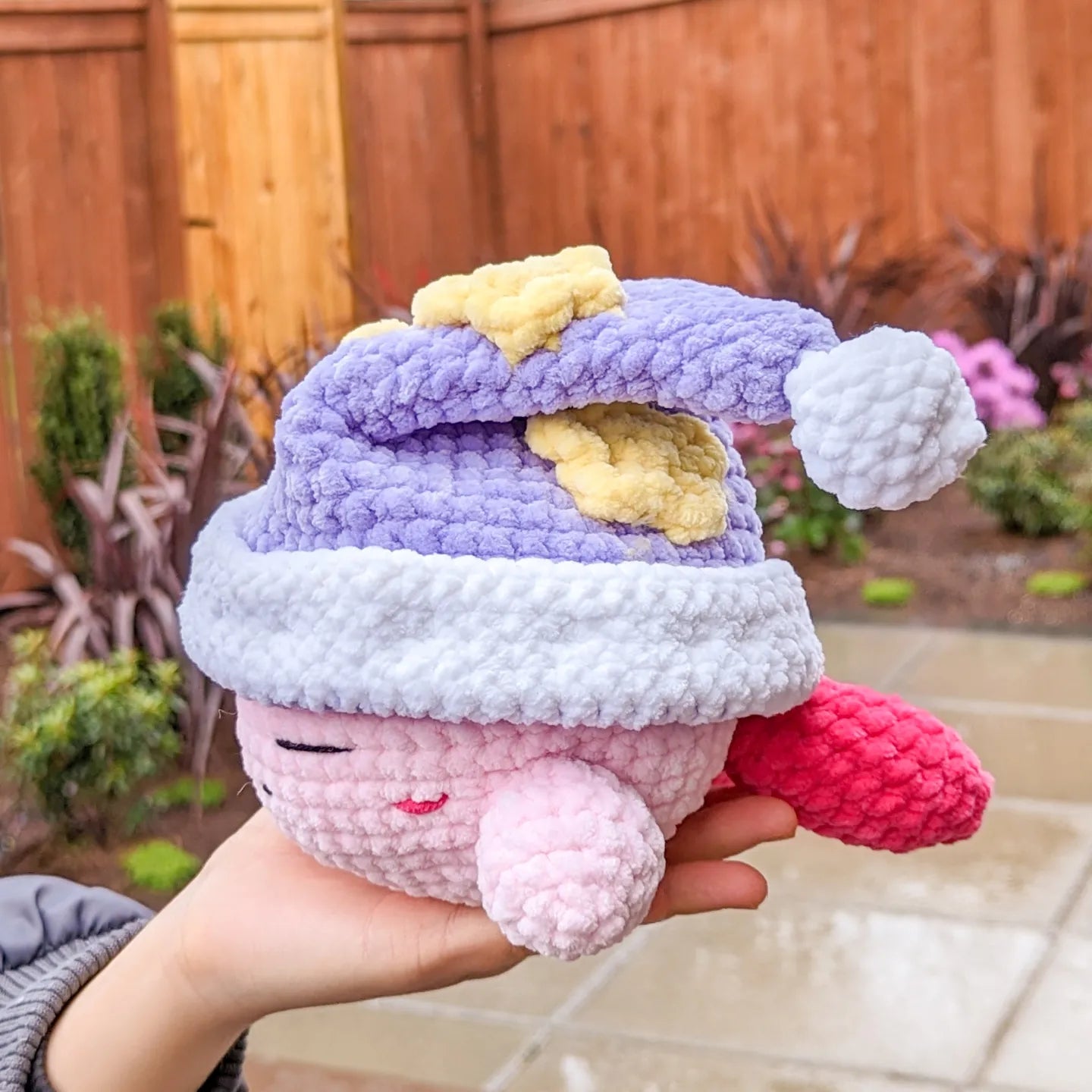 cute soft pink puff with purple sleep hat, stuffed animal plushie toy handmade with yarn friend kirby
