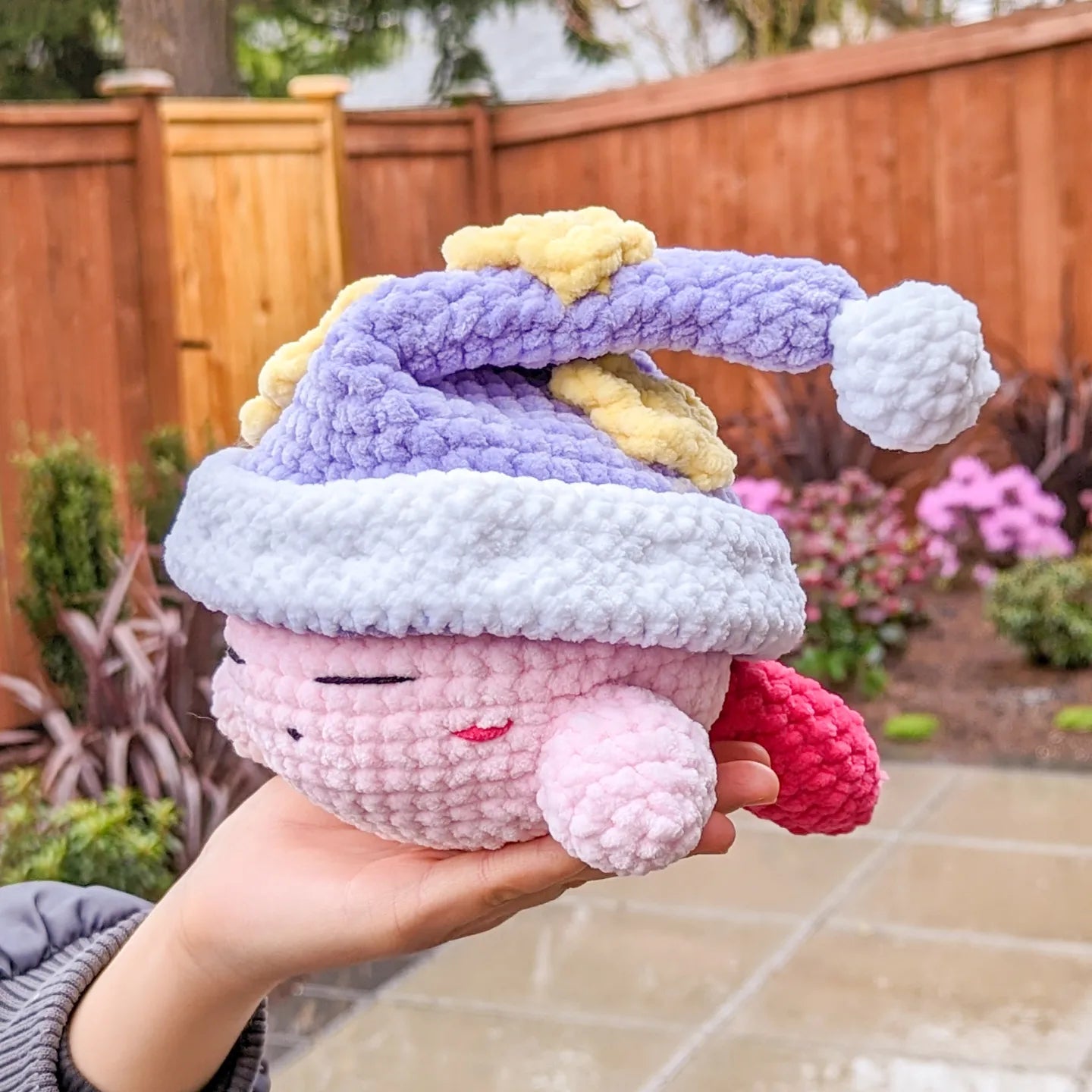cute soft pink puff with purple sleep hat, stuffed animal plushie toy handmade with yarn friend kirby