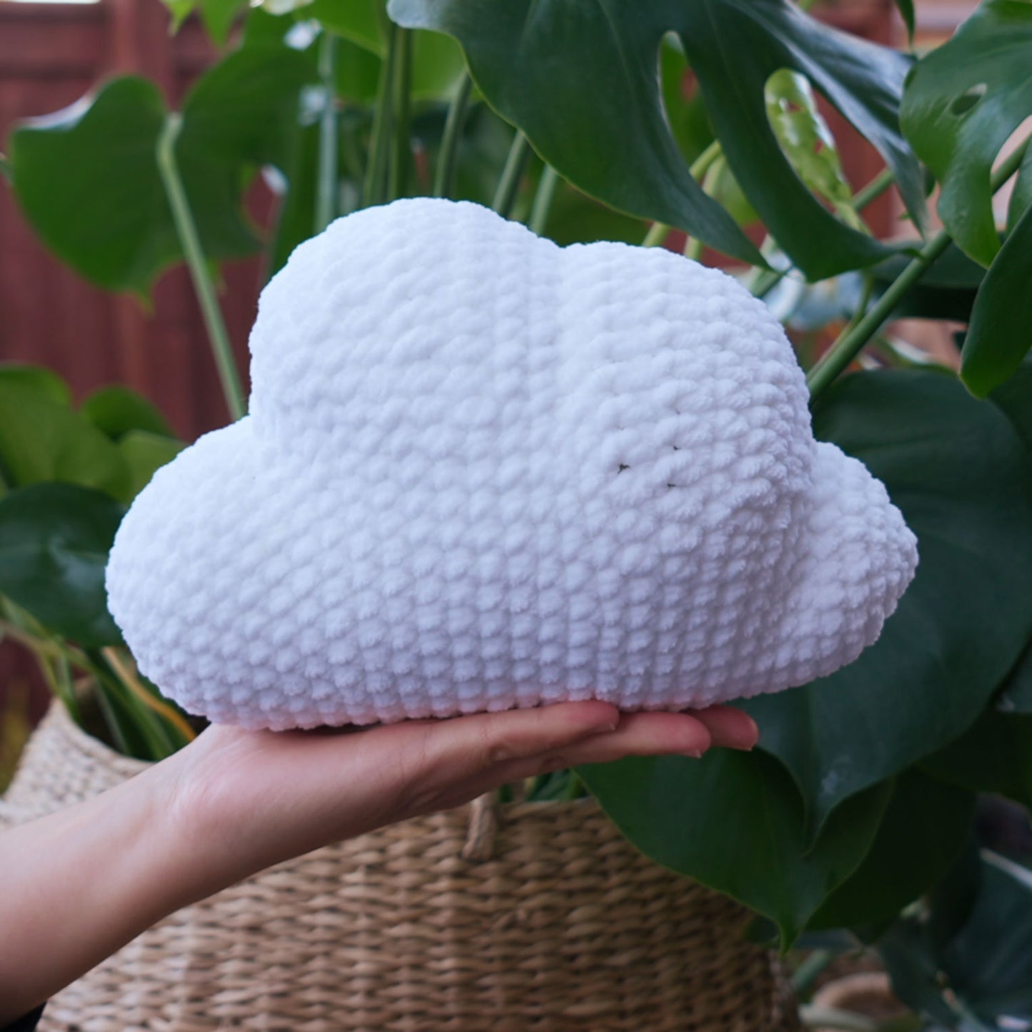 cute soft white crochet cloud with happy face, stuffed animal plushie toy handmade with yarn pillow