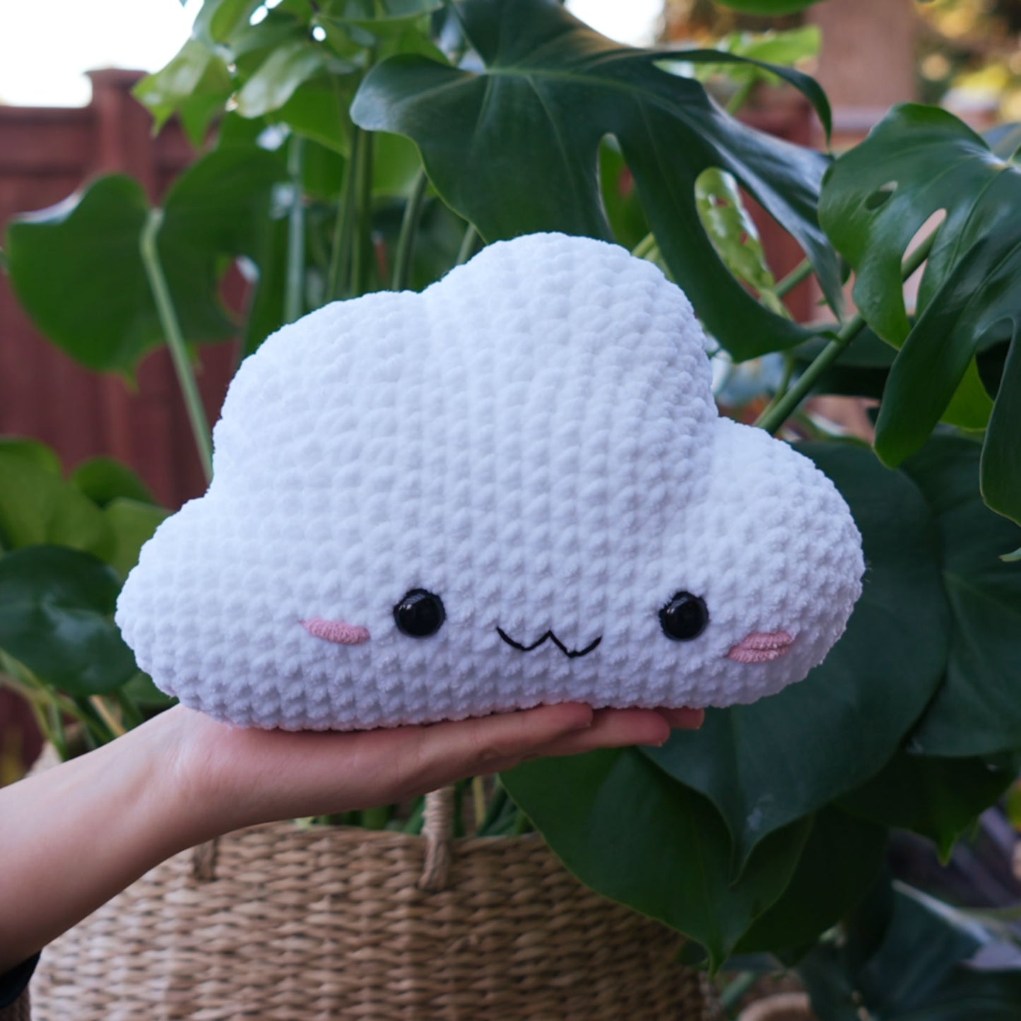 cute soft white crochet cloud with happy face, stuffed animal plushie toy handmade with yarn pillow