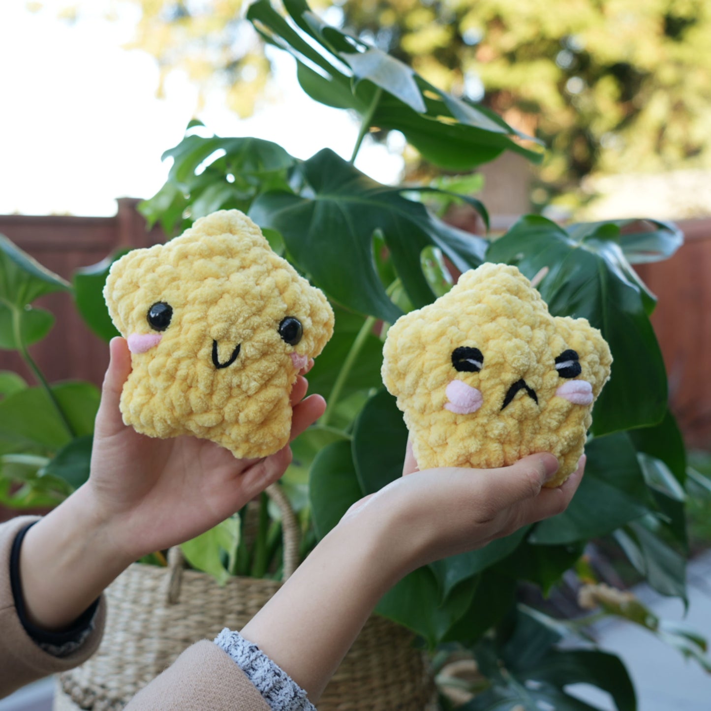 cute soft yellow crochet star with grumpy face, stuffed animal plushie toy handmade with yarn